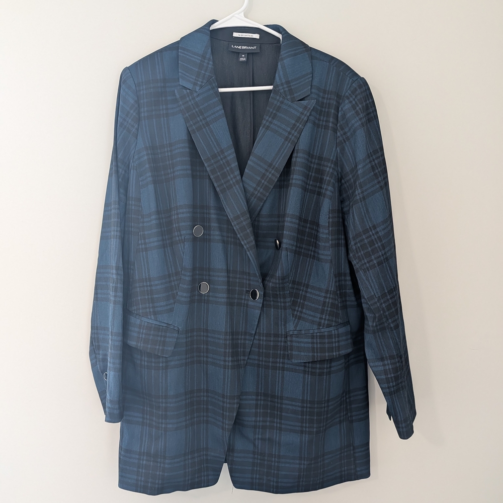 Lane Bryant Plaid Blazer Womens 18 Plus Blue Black Double Breasted Career Jacket